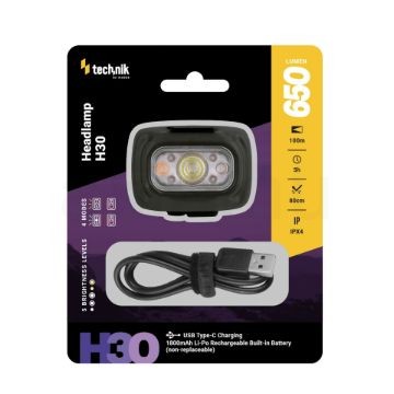 Technik Fejlámpa H30 (akkumulátoros) SST20 LED + Vörös fény + USB-C (650 lumen)